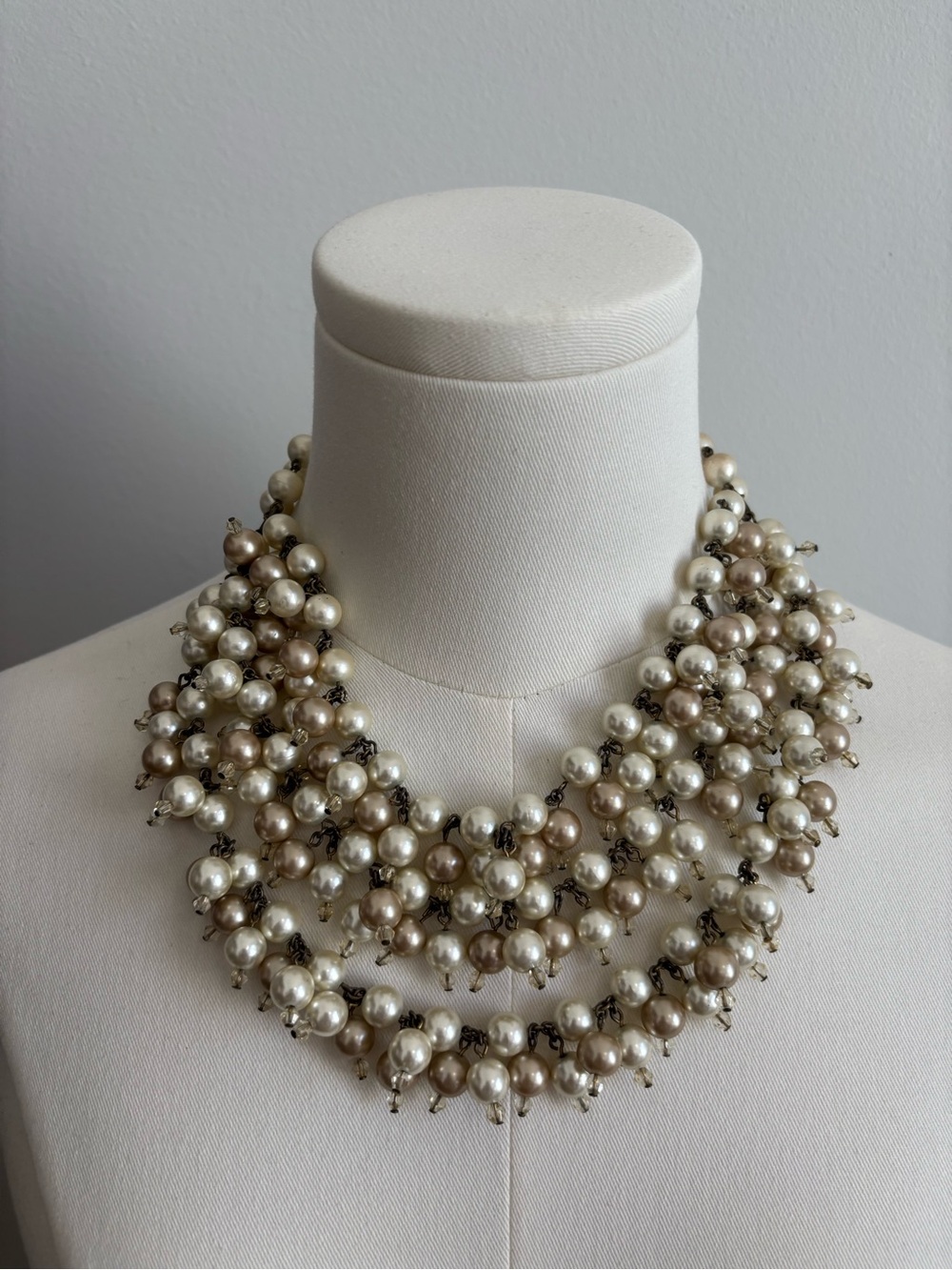 Multi-Strand Faux Pearl Cluster Necklace in Cream and Taupe